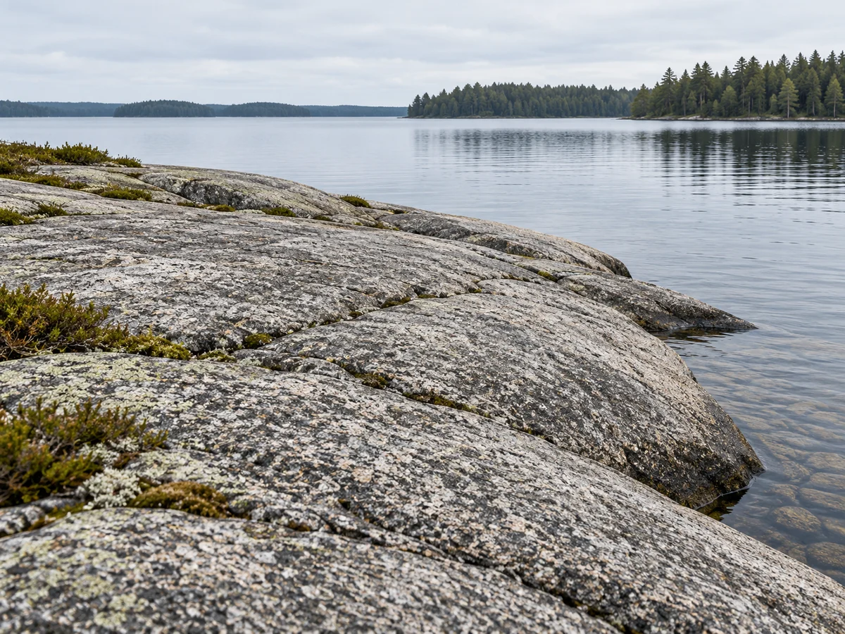Valokuvamainen kuvitus vankasta graniittikalliosta suomalaisen järven rannalla.